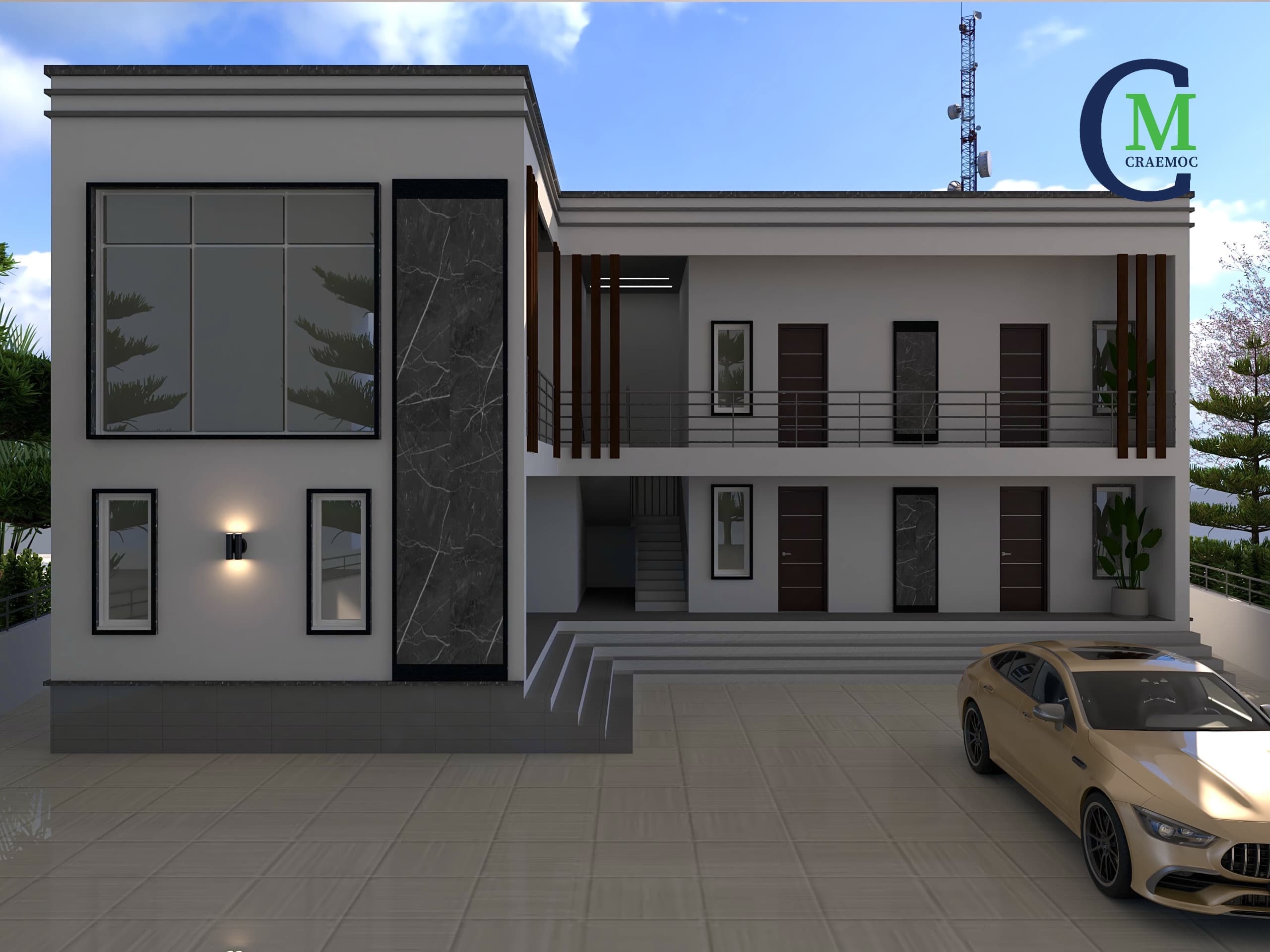 Two-storey rental apartment block with open balcony corridor and marble accent column