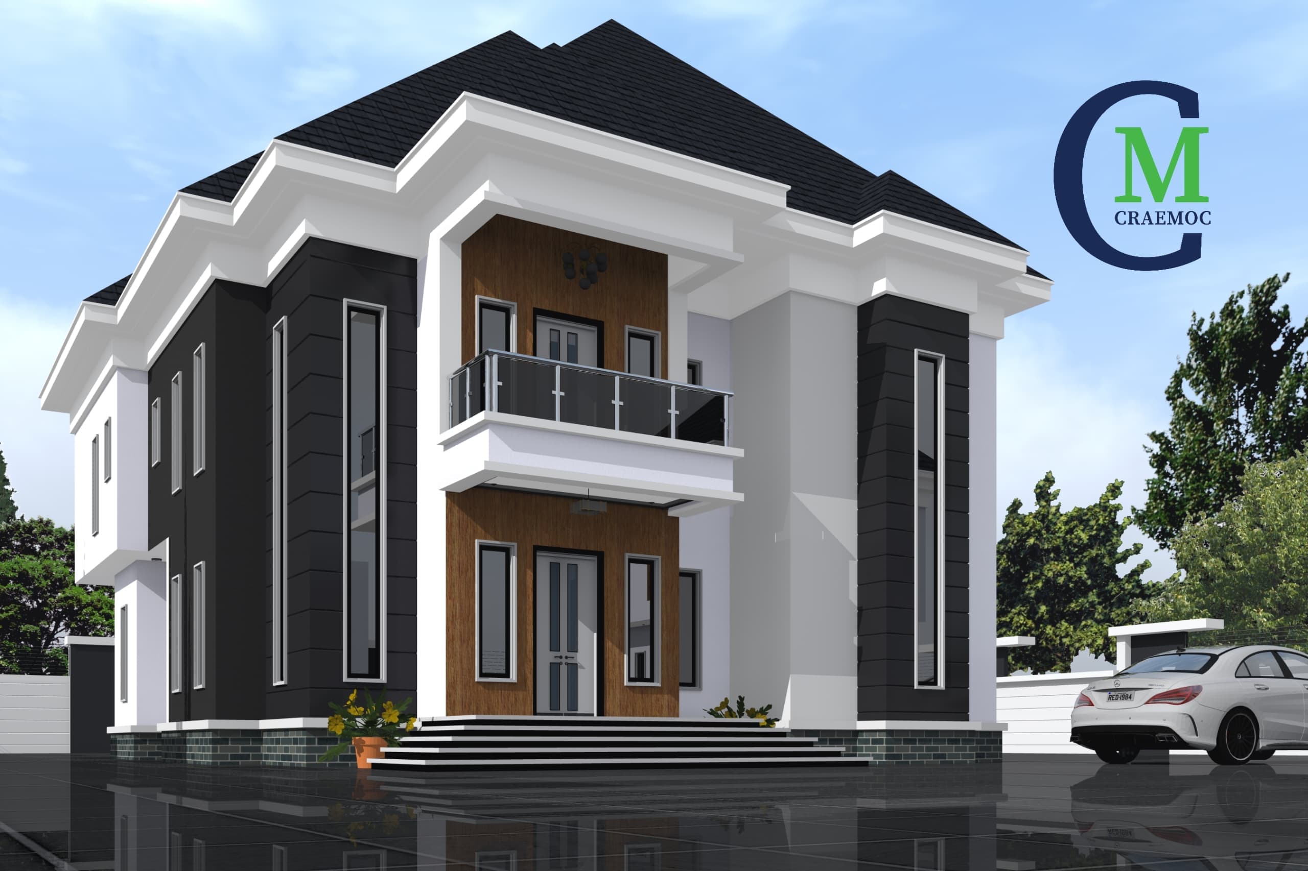 Two-storey duplex with dark cladding, wood-panel door surround, and glass balcony