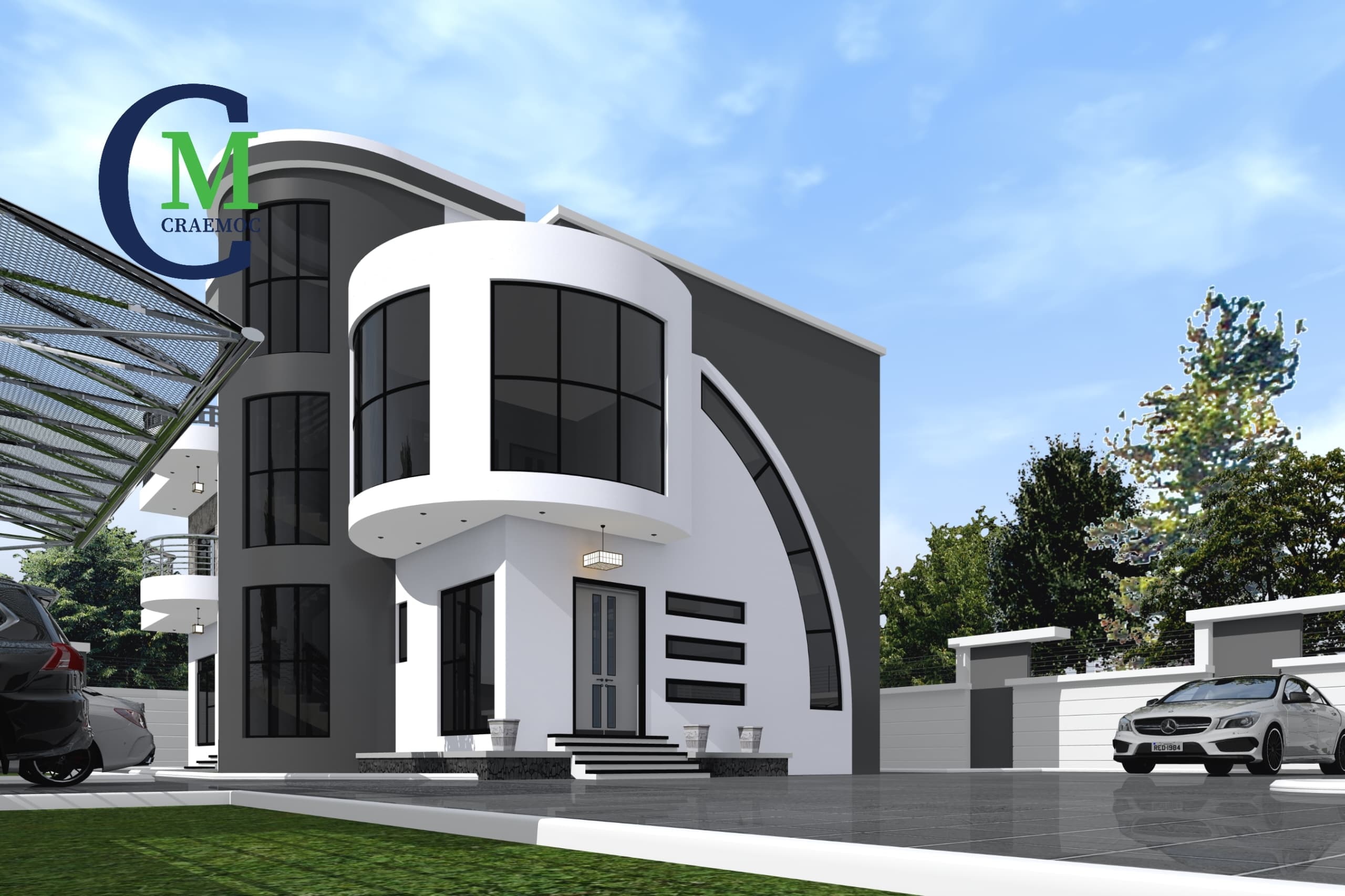 Contemporary home with a curved white and grey facade and floor-to-ceiling windows