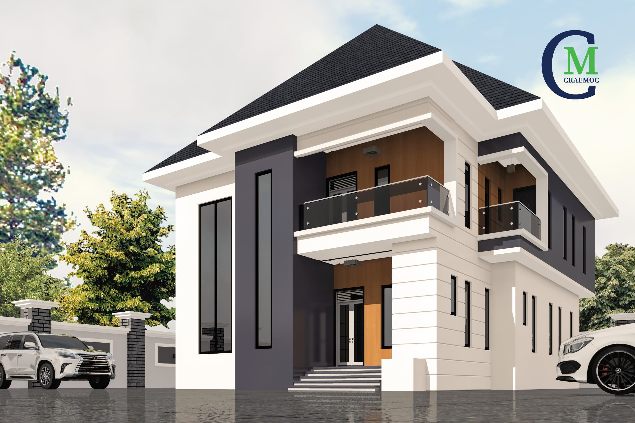 Two-storey duplex with charcoal and white facade and wood-panel balcony accents