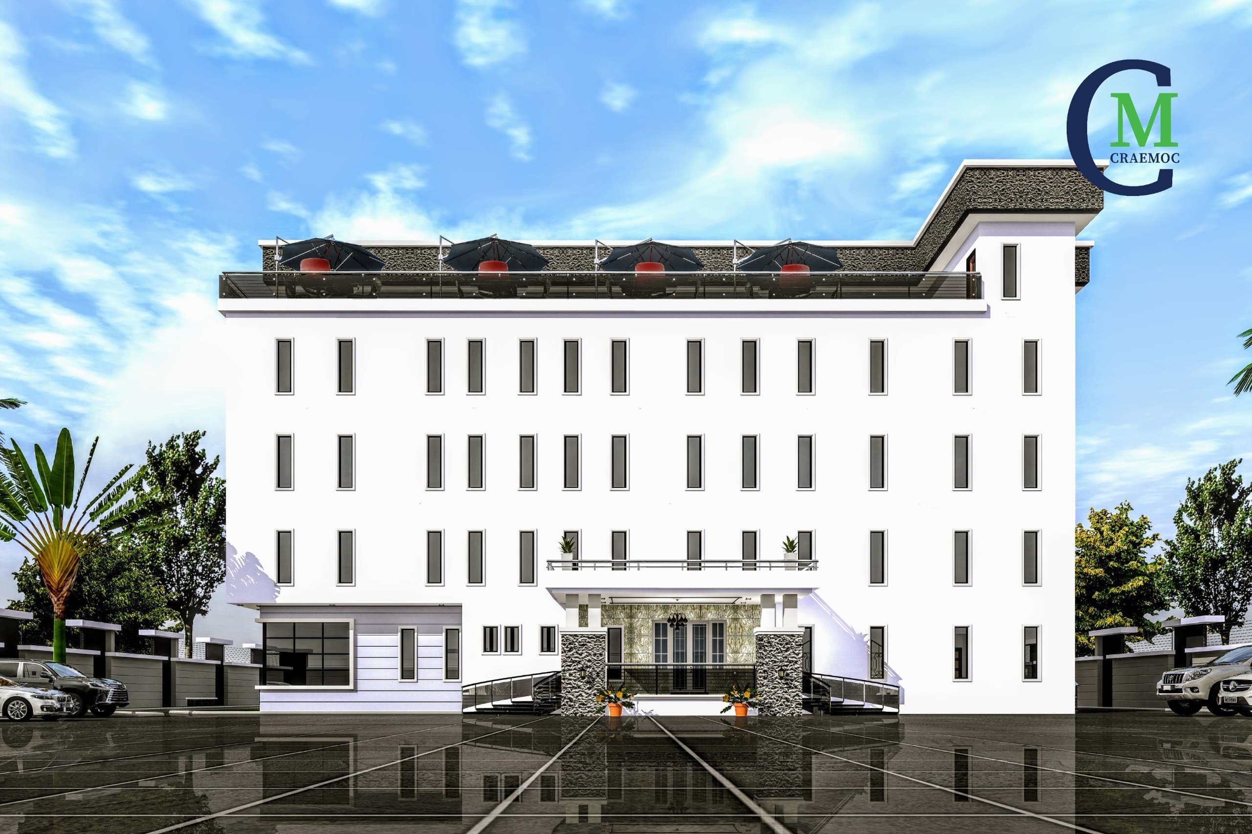 Multi-storey commercial hotel building with rooftop terrace and ramp entrance