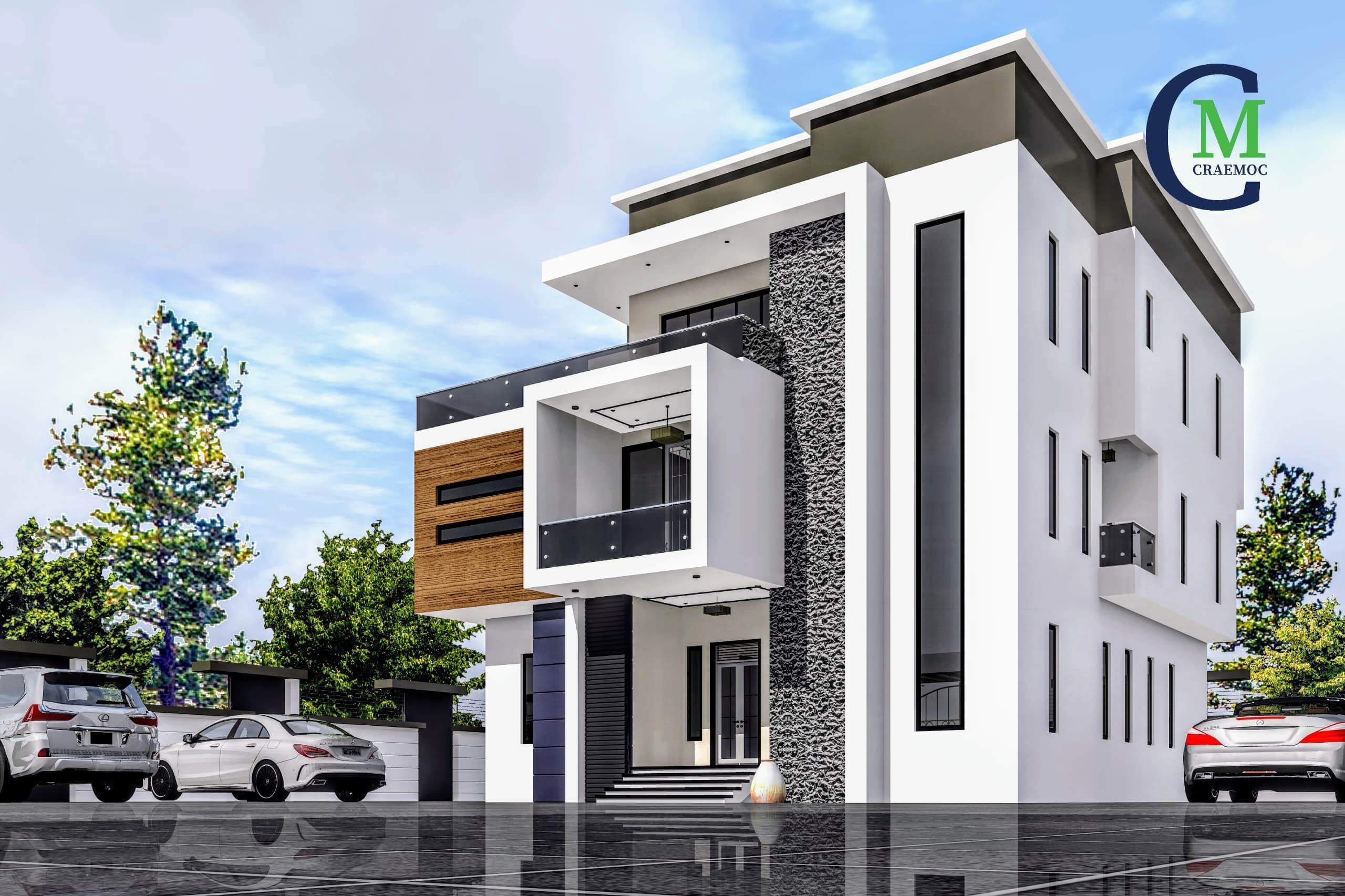 Modern three-storey home with wood-panel balcony accent and patterned facade