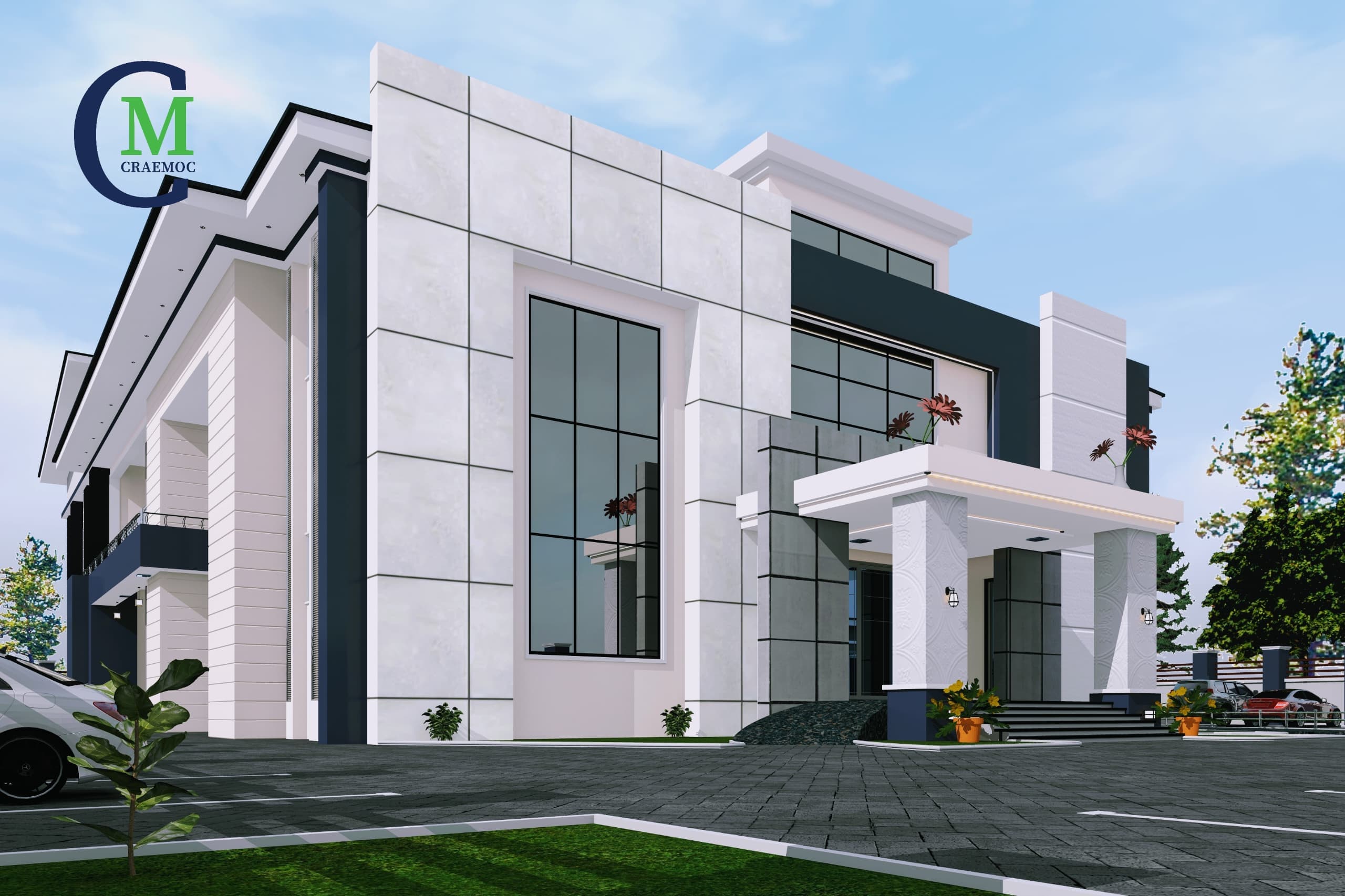 Commercial building with marble-tile facade and columned entrance canopy