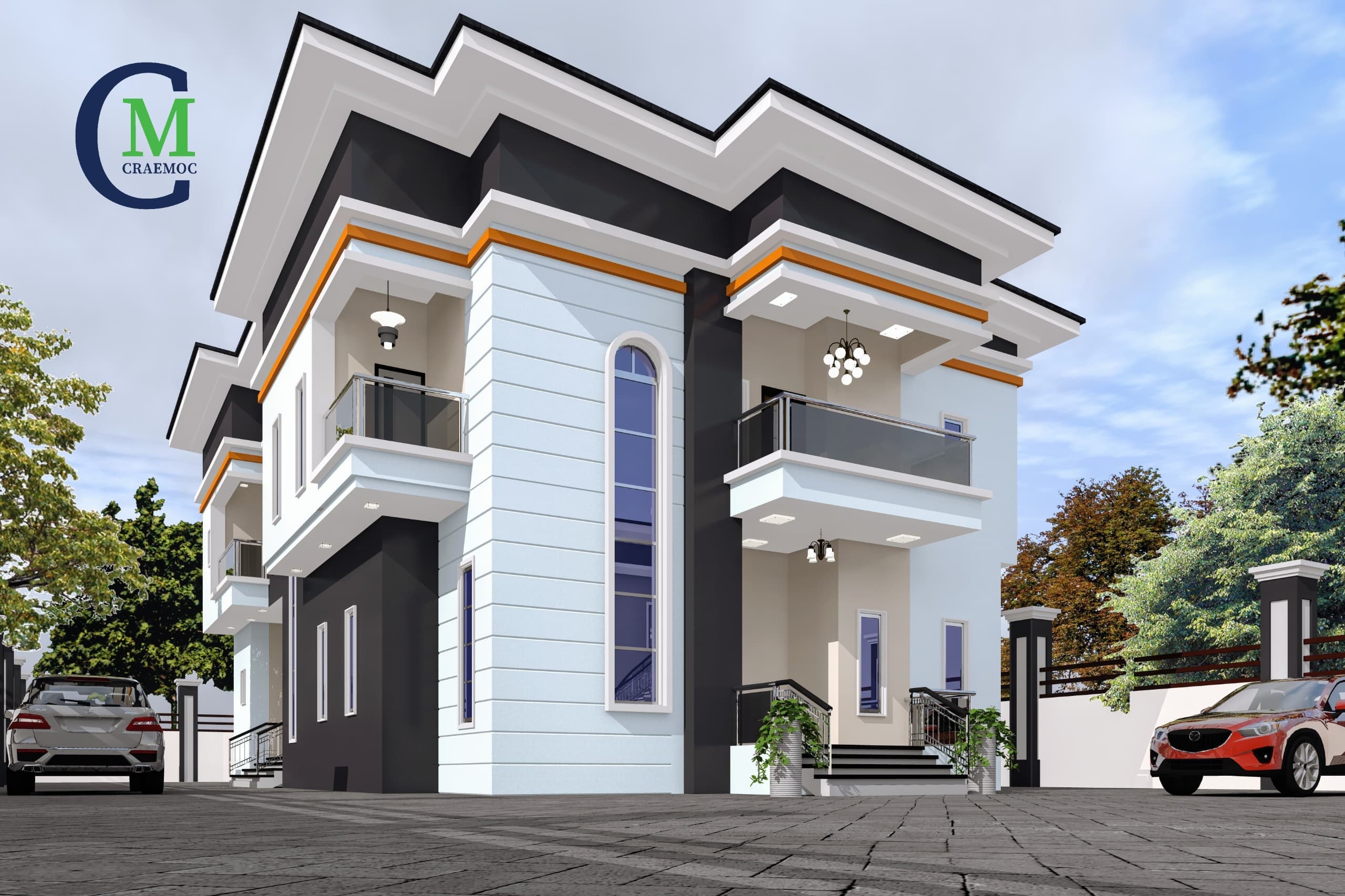 Two-storey duplex with orange trim accents and twin balconies